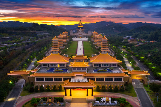 Sunset at Fo Guang Shan Buddha Temple in Kaohsiung, Taiwan.