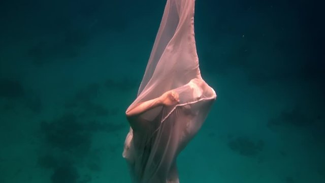 Young woman underwater model in white cloth on background of blue water. Concept of creativity and art of creating images.