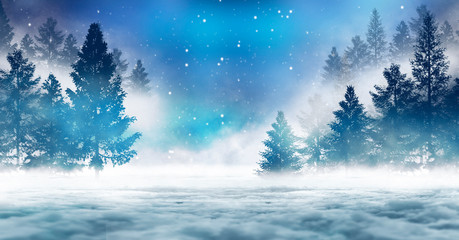 Dark winter forest background at night. Snow, fog, moonlight. Neon figure in the center