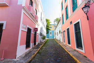 Fototapeta na wymiar Colorful photo of Old San Juan Street in Puerto Rico.