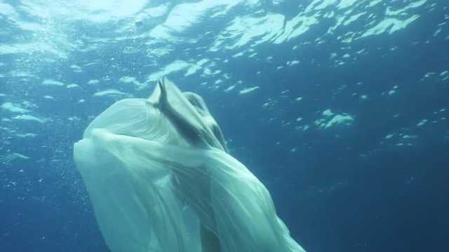 Young woman underwater model in white cloth on background of blue water. Concept of creativity and art of creating images.
