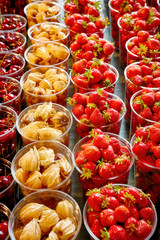 Fresh fruits at display on farmers market stall