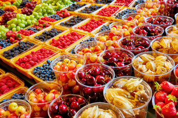 Fresh fruits at display on farmers market stall