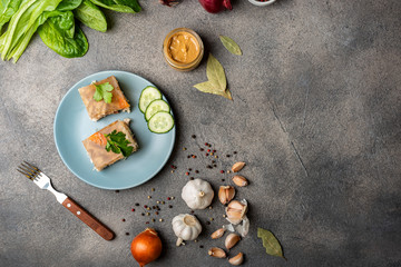 Piece of homemade jelly with meat on the plate. Aspic poultry and beef, traditional Russian and Ukrainian dish with mustard, spices and different ingredients. Holodets