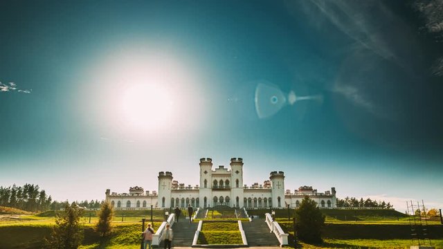 Kosava, Belarus. Summer Sun Shine Above Kosava Castle. It Is A Ruined Castellated Palace In Gothic Revival Style. Puslowski Palace Castle. Landmark And Heritage