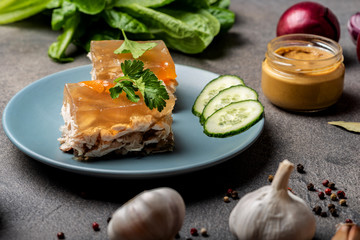 Piece of homemade jelly with meat on the plate. Aspic poultry and beef, traditional Russian and...