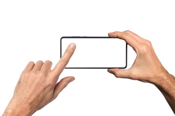 male man holding and showing  blank smart phone isolated  on white background  with clipping path around hand and display with copy space for your text