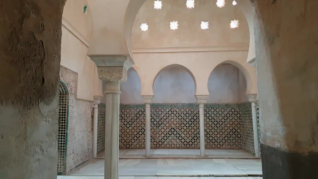 Comares Bath or Central room of bath in Alhambra, Granada. Tilt down