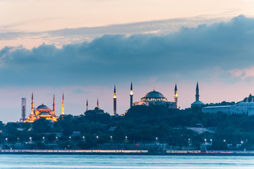 Beautiful night view of Bosphorus strait with Sultan Ahmed Mosque (blue mosque) and Hagia...