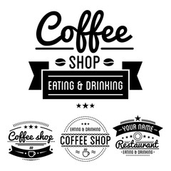 Coffee shop logos with steamy cup linear icon and text