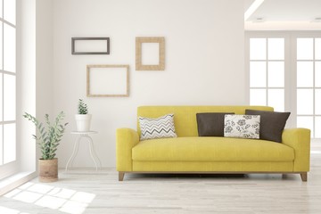 Stylish room in white color with yellow sofa. Scandinavian interior design. 3D illustration