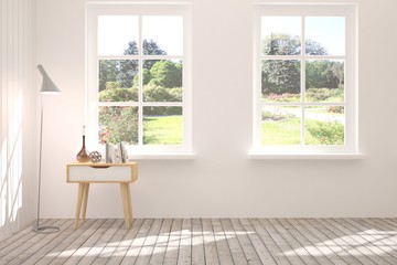 Stylish empty room in white color with summer landscape in window. Scandinavian interior design. 3D illustration