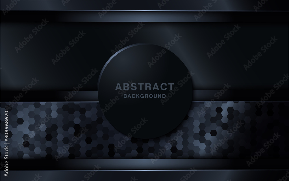 Poster black abstract overlap layer background with hexagon texture on the layers.