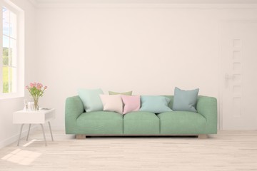 Fototapeta na wymiar Stylish room in white color with sofa. Scandinavian interior design. 3D illustration