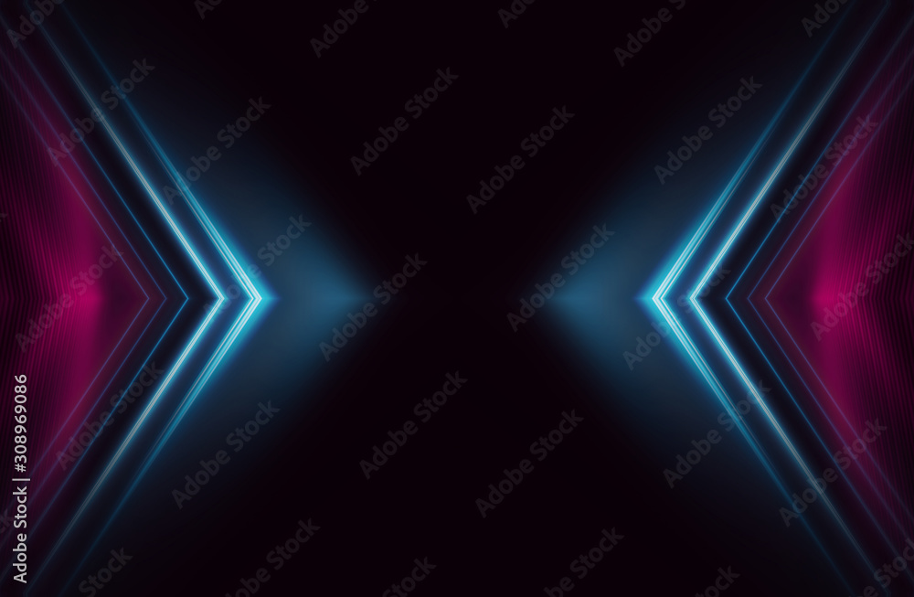 Poster dark abstract background with neon lines, glow. bright neon glow