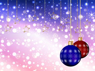 New Year and Christmas holiday bokeh background with snowflakes, glare, gold stars on gold chains and Christmas balls.