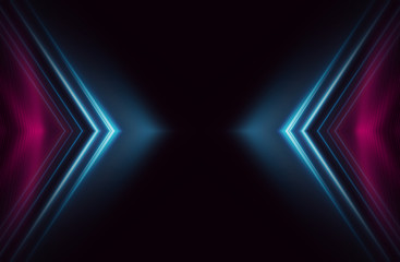 Dark abstract background with neon lines, glow. Bright neon glow