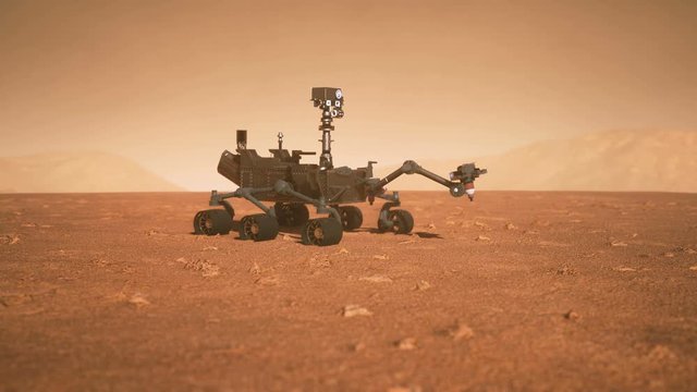 A Rover during a dust storm on the red planet. Highly detailed 3D animation of the Curiosity Rover on Mars.