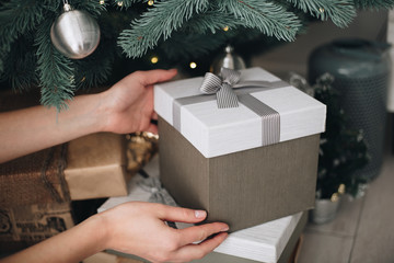 Fototapeta na wymiar Young female hands holding gift box near the Christmas tree. New Year atmosphere