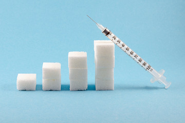 Sugar cubes and syringe, diabetes mellitus concept. Harmful sugar from excessive consumption....