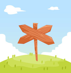 nature landscape background with wooden signboard, cute flat design, vector illustration. Flat Summer Mountains landscape with green hills and grass