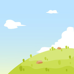 nature landscape background, cute flat design, vector illustration. Flat Summer Mountains landscape with green hills and grass