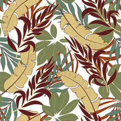 Botanical seamless tropical pattern with bright red and green plants and leaves on white background. Vector design. Jungle print. Floral background.   Tropic leaves in bright colors.