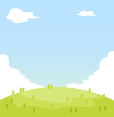 nature landscape background, cute flat design, vector illustration. Flat Summer Mountains landscape with green hills and grass