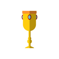 Vector illustration of chalice with gemstones. Flat icon of cup, goblet isolated on white background. Winner price, golden flat goblet. Golden trophy cup with blank golden plate. Winners trophy icon