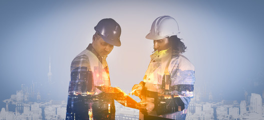 double exposure of female and male engineer