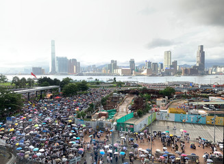 the crowd protest keep say no to extradition law and occupy the road with the victoria harbor view