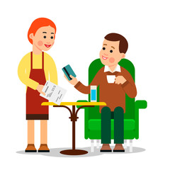 Paying credit card cafe for shopping cup coffee. Concept digital technology transfer pay. Credit payment. Modern customer service is. Cartoon illustration isolated on white background in flat style