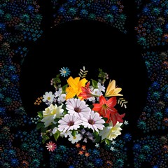 Beautiful bouquet of colorful summer flowers on black background with floral ornament frame. Card design.