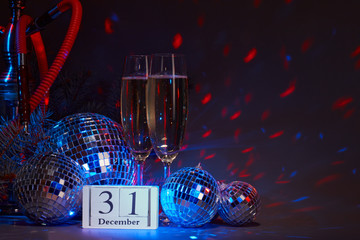 Hookah (Shisha), champagne flutes, microphone, disco balls,  fir branch. New Year. 31 december....