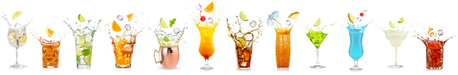 splashing cocktails collection isolated on white background