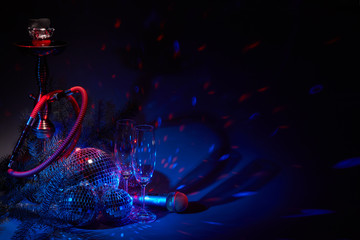 Hookah (Shisha), champagne flutes, microphone, disco balls,  fir branch. New Year and Christmas....