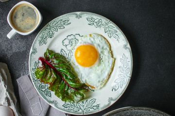 fried eggs, healthy food (delicious snack) menu concept. food background. top view. copy space