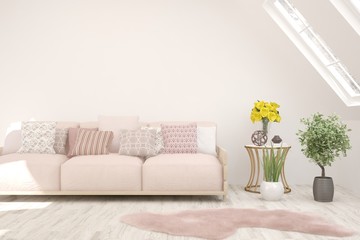 Stylish room in white color with sofa. Scandinavian interior design. 3D illustration