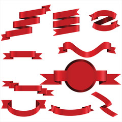 Red Ribbon Set In Isolated For Celebration And Winner Award Banner White Background, Vector Illustration