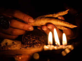 In the hands of witches chicken foot for divination. Feel the terrible atmosphere of ancient magic...
