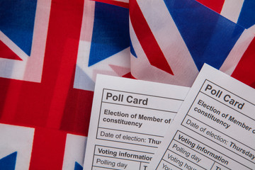 Polling vote Card for the UK General election on a Union Jack flag