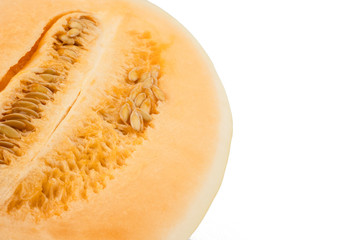 slice of cantaloupe melon, orange melon or japanese melons with seed isolated on white background