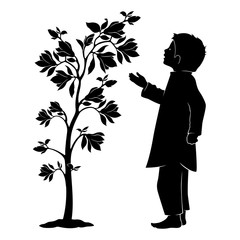 Poor little boy standing near a flowering tree. Silhouette. Isolated Vector Illustration on a white background