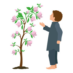 Poor little boy standing near a flowering tree. Isolated Vector Illustration on a white background