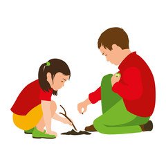 Boy and girl planting an apple seed in the ground. Friends. Isolated Vector Illustration on a white background