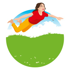 Girl flying above the ground. The Girl Is Flying. Girl soars in the sky. Isolated vector illustration on white background