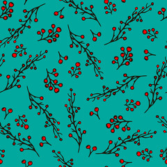 Red berry branch background, design for any purposes. Bright vector illustration. Berry wallpaper. Christmas seasonal plant. Seamless background pattern. Decorative color art.