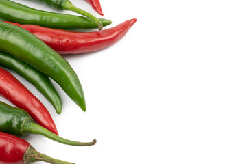 Fresh Green and red chili pepper with sliced isolated on white background, concept of vegetable ingredients in food.top view