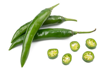 Fresh Green and red chili pepper with sliced isolated on white background, concept of vegetable ingredients in food