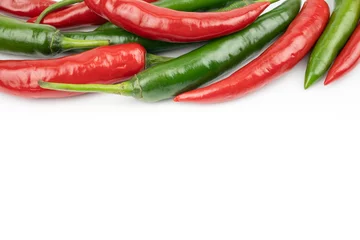 Fotobehang Fresh Green and red chili pepper with sliced isolated on white background, concept of vegetable ingredients in food.top view © Sakoodter Stocker